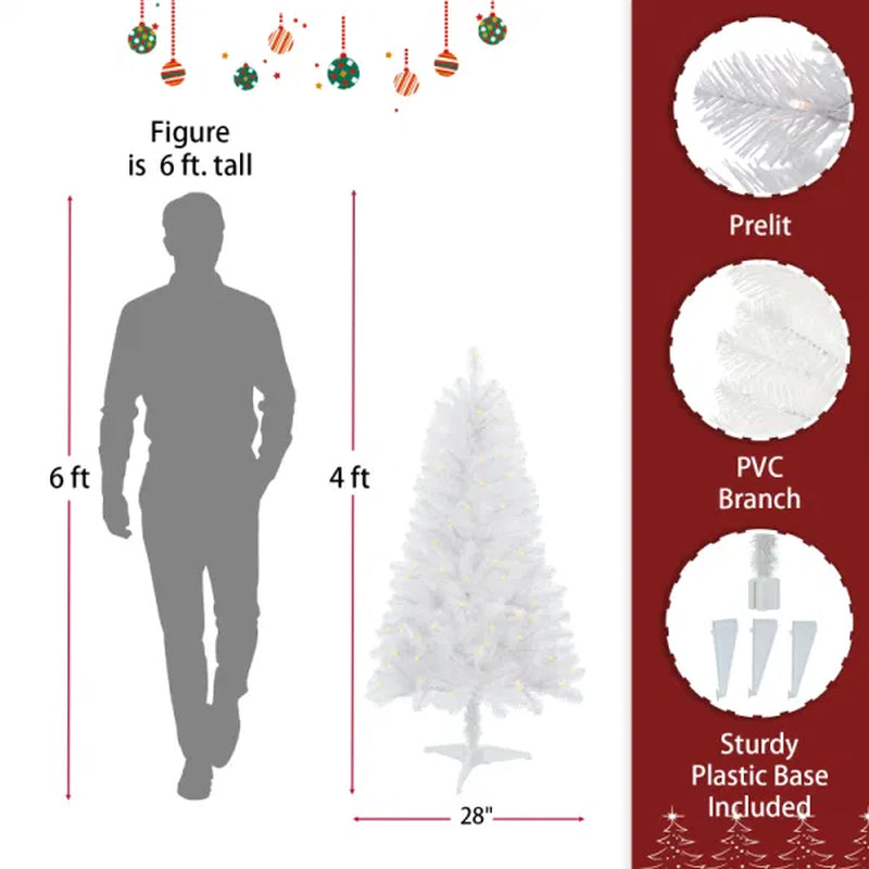 4Ft White Artificial Christmas Tree Prelit with Stand ,100 Warm White Led Lights, Realistic 241 Branch Tips PVC White Norwood Spruce Tree Easy Assembly for Indoor, Home