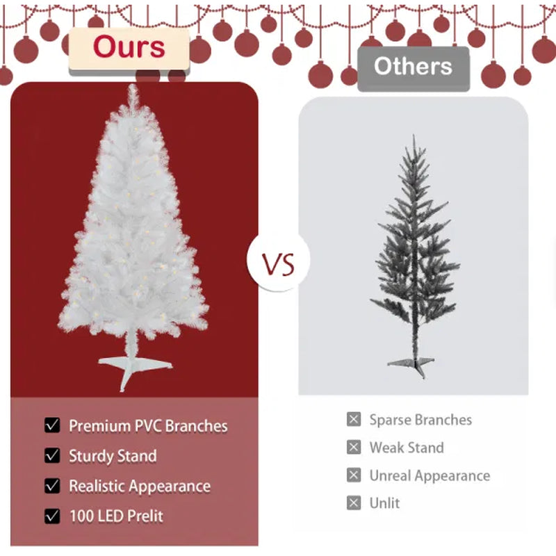 4Ft White Artificial Christmas Tree Prelit with Stand ,100 Warm White Led Lights, Realistic 241 Branch Tips PVC White Norwood Spruce Tree Easy Assembly for Indoor, Home