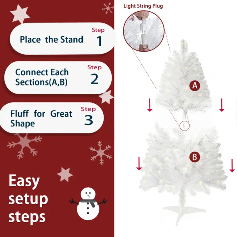 4Ft White Artificial Christmas Tree Prelit with Stand ,100 Warm White Led Lights, Realistic 241 Branch Tips PVC White Norwood Spruce Tree Easy Assembly for Indoor, Home